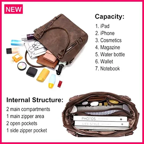 Large Vegan Leather Hobo Bag with Adjustable Strap, Multiple Pockets